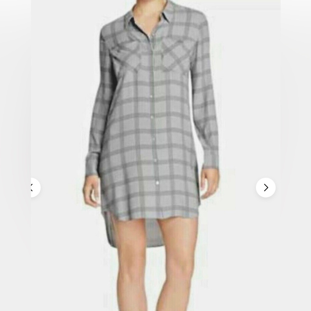Eileen Fisher Gray Silk Plaid Georgette Long Sleeve Button Down Mini Tunic Dress